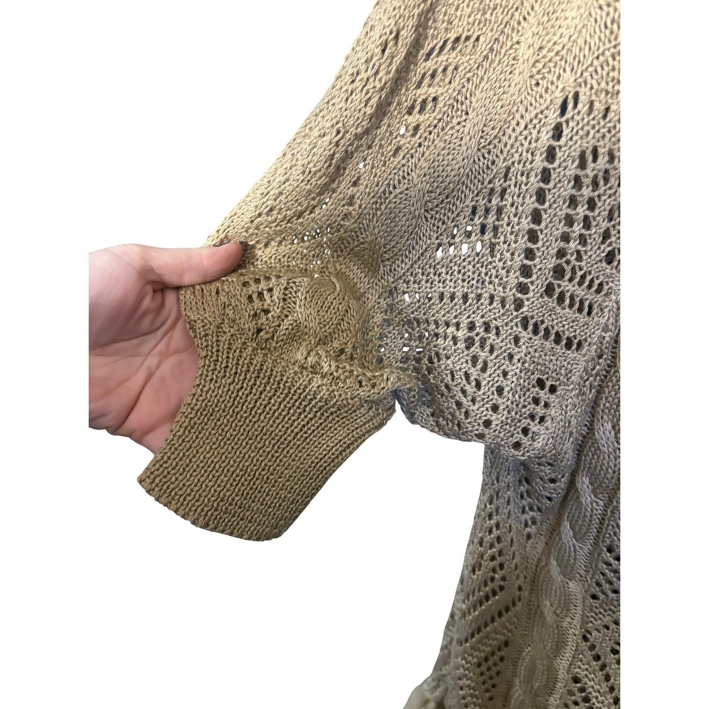 A'reve Tan Crochet Lace Trim Cardigan Sweater Bohemian Pointelle Knit Tan M/L - Picture 3 of 5